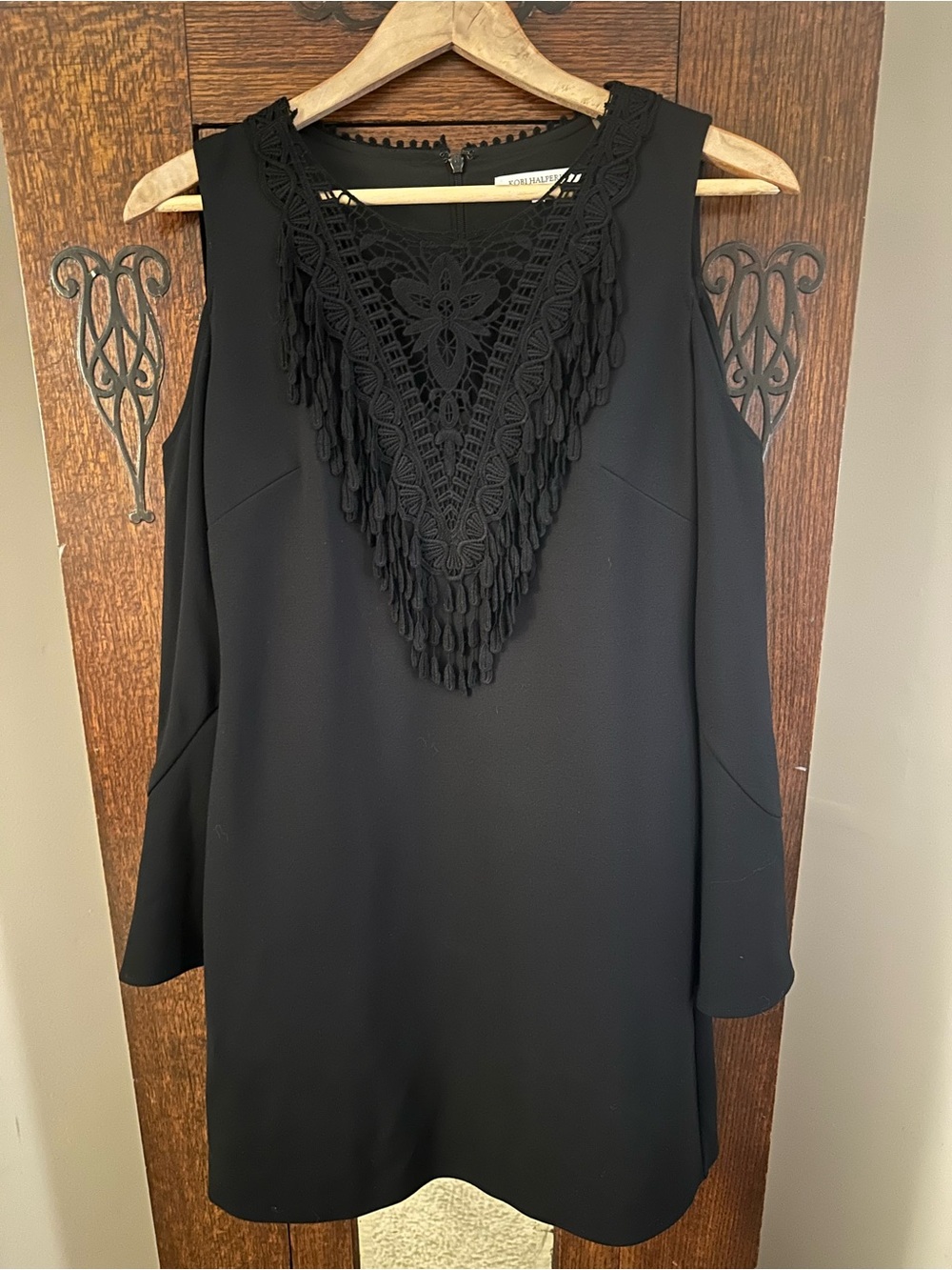 Kobi Halperin Black Cold Shoulder Bell Sleeve Crochet V-Neck Mini Dress Size S